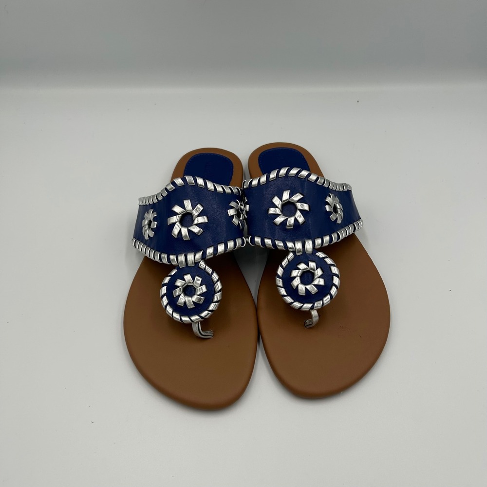 Olivia Miller Sandals Women Size 6 Navy Blue Silver Whipstitch Medallion Flat